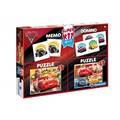 Clementoni-08215 Super Kit 4 in 1 - Cars 3 - 2 Puzzles + Memo + Domino