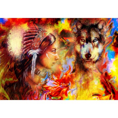 Puzzle Grafika-F-31709 Die indische Frau und der Wolf