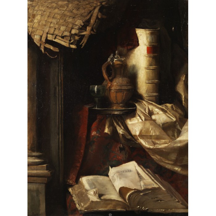 Grafika Hermann von Kaulbach: Stilleben mit alten Buechern Krug und Weinglas, 1865