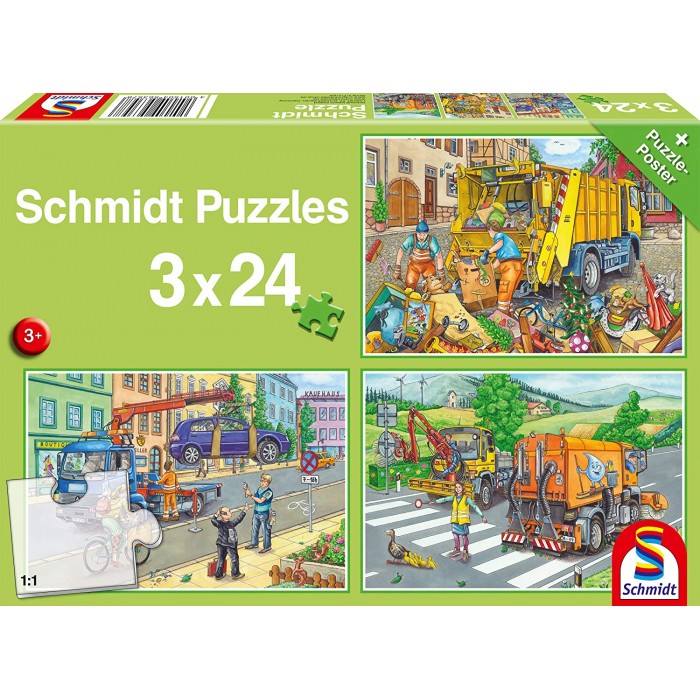 Schmidt Spiele Müllwagen, Abschleppauto und Kehrmaschine (3x24 Teile)