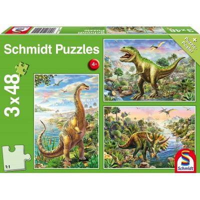 Schmidt-Spiele-56202 3 Puzzles - Abenteuer mit den Dinosauriern